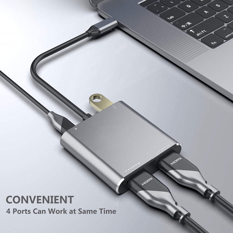 USB C to Dual HDMI Adapter, 4 in 1 USB Type C Hub with 2 HDMI/USB3.0 /PD Charging, Dual Screen Display USB-C Docking Station for Windows, MacOS