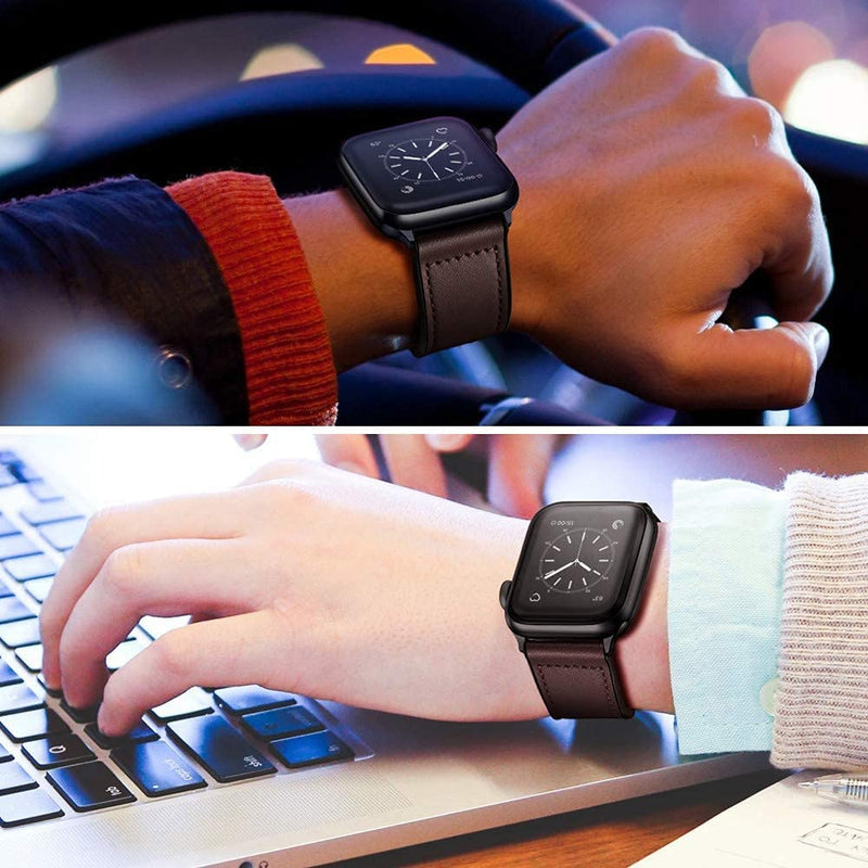 OUHENG Compatible with Apple Watch Band Sweatproof Genuine Leather and Rubber Hybrid Band 41mm 40mm 38mm Brown & Dark Brown