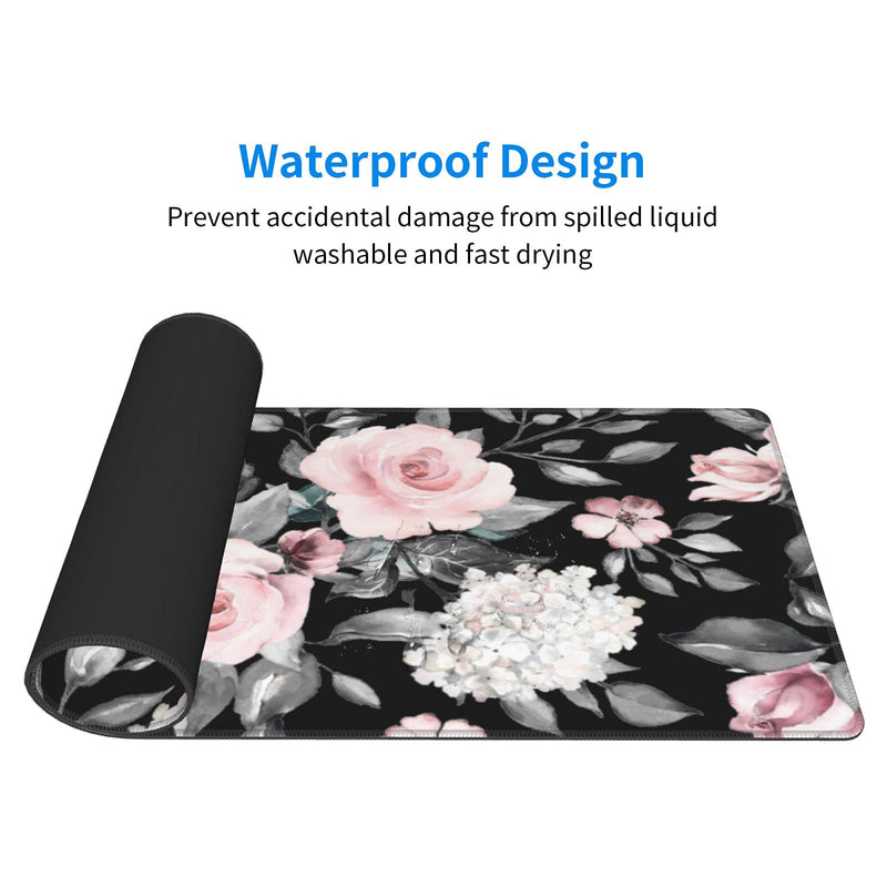 Floral Extended Gaming Mouse Pad Non-Slip Rubber Base Black Large Mousepad 31.5x11.8in with Stitched Edge Waterproof Pink Peony Flowers Pads Computer Black Desk Laptop Mats for Work/Game/Office/Home Flower