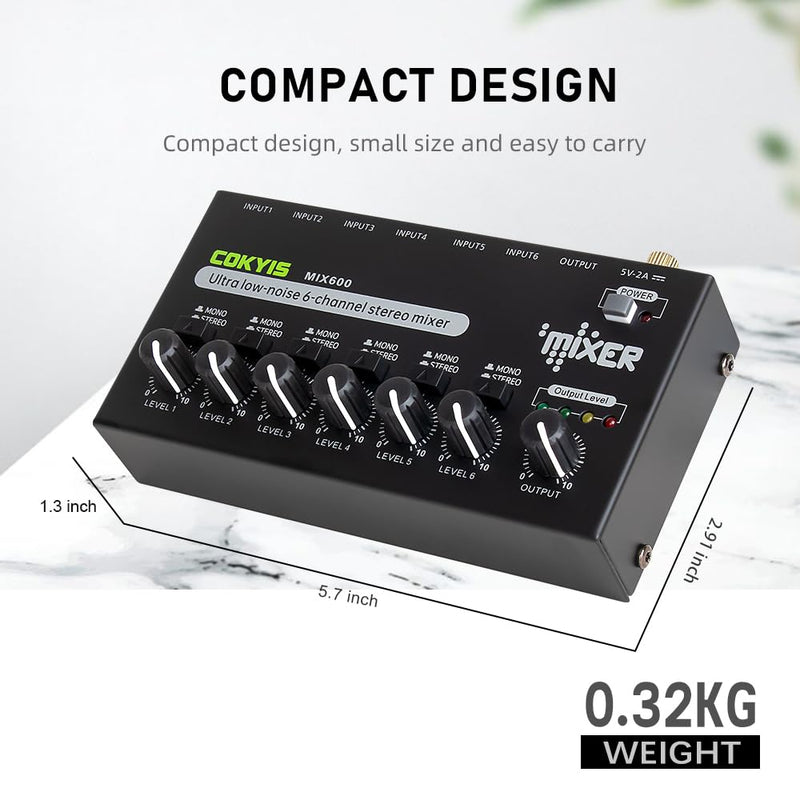 [AUSTRALIA] - Mini Audio Mixer, 6-Channel Stereo Line Mixer for Precision Sub-Mixing, with Ultra Low-Noise Operation, Independent Microphone Control, 1/4" TRS Input/Output-for Guitars, Bass, Stage Mixer 