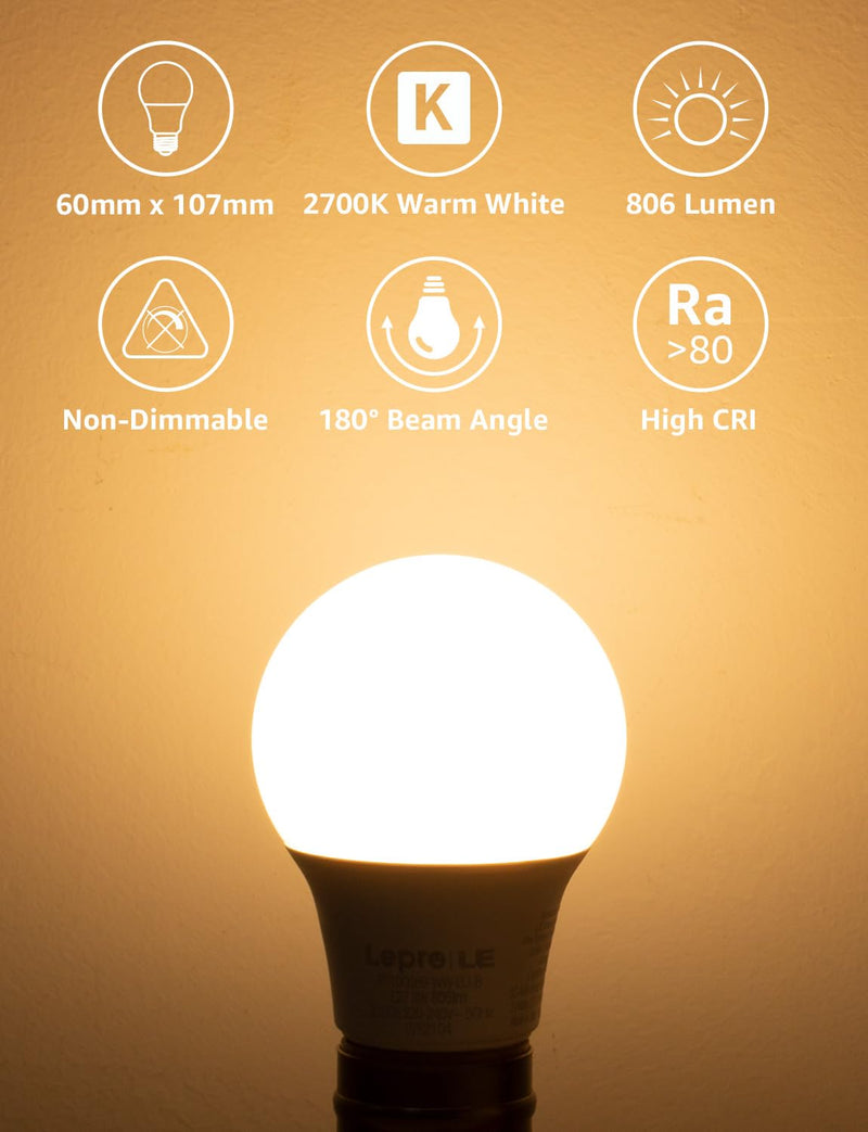 LE E27 LED bulb, 8.5 watt, 806 lumens, E27 LED bulb, replaces 60 W light bulb A60 bulb, E27 2700 Kelvin, warm white LED bulb, 180° energy saving light bulb 6