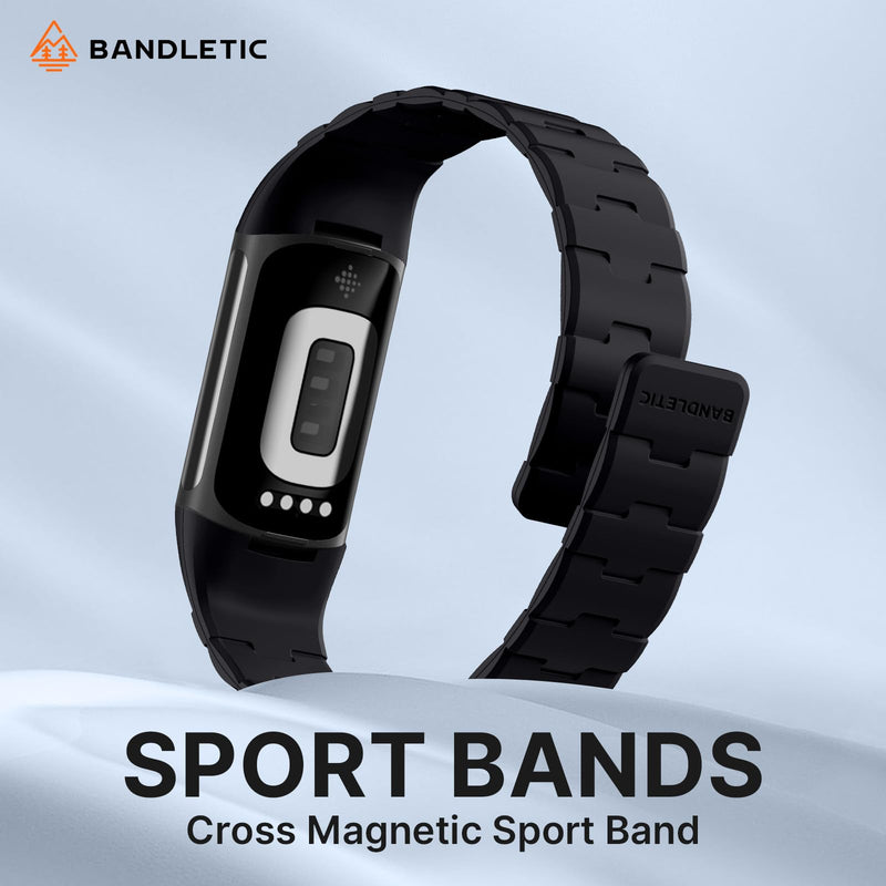 Bandletic Magnetic Watch Band Compatible with Fitbit Charge 6/5 Bands | Magnetic Closure with No Pin, One-handed Snap-on, Skin-friendly All-day Wear at Work or Gym, for Charge 6/5 Fitness Tracker Black