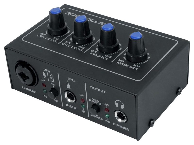 Rockville Rock-U MINI 2x2 USB Computer Recording Interface 24 Bit 192Khz Home Studio, Black