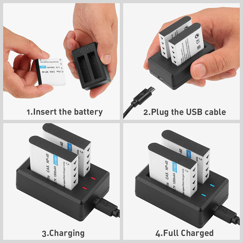 [AUSTRALIA] - NP-40 Battery Pack, 1500mAh Rechargeable Battery(3-Pack) with USB Dual Charger for Video Camera Camcorders Compatible with Casio NP-40 (Not for Fujifilm NP40) 