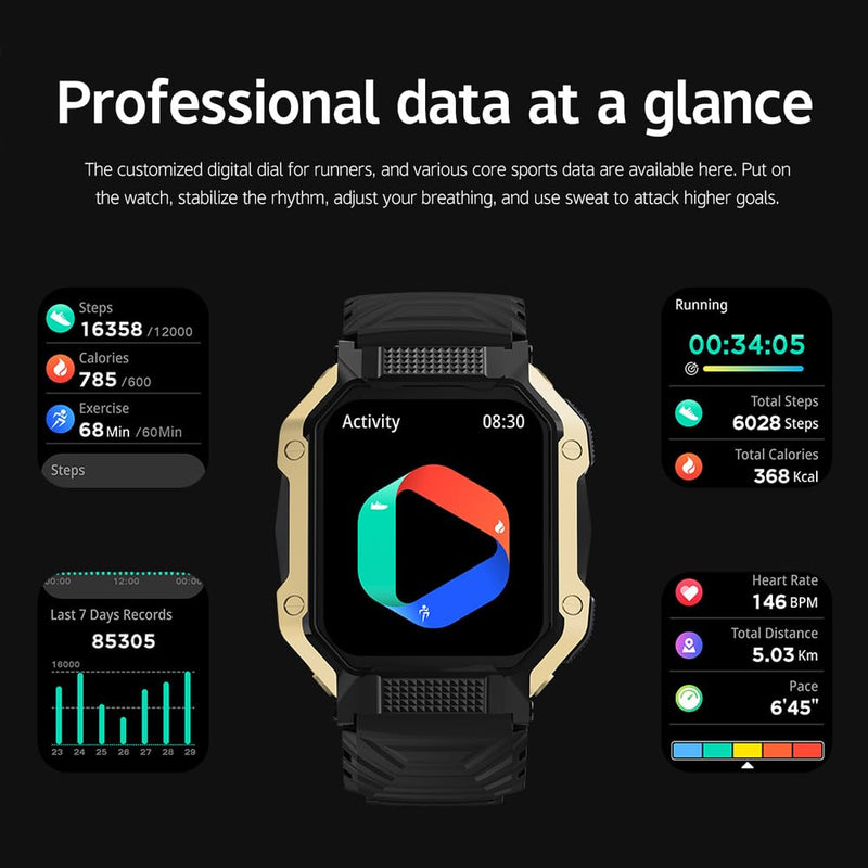1.83" Large Screen Military Smart Watches for Men Make/Answer Call Tactical Blood Pressure Watch with Heart Rate/Blood Oxygen Monitor 100+ Sport Modes Fitness Watch for Android iOS Phones black gold