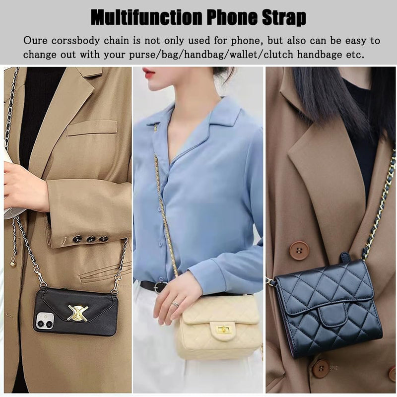 Cell Phone Crossbody Chain Phone Case Lanyard,Universal Leather+Metal Shouder Strap with Phone Tether Patches A