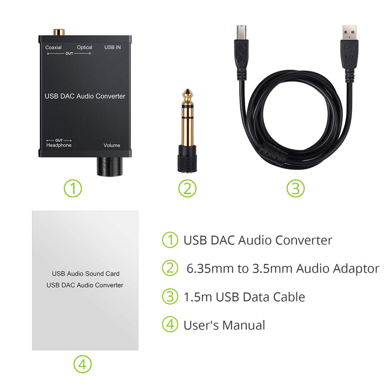 LiNKFOR USB DAC and Headphone Amplifier, Coaxial/Optical/6.35mm Headphone Output, USB to Coaxial S/PDIF Digital to Analog Converter Comaptible with Windows XP 7 10 and Mac PS4 PS3 USB DAC with Amps