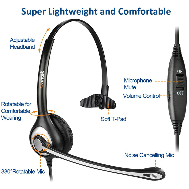 Wantek Yealink Phone Headset with Quick Disconnect Cord, RJ9 Office Telephone Headsets with Mic Noise Cancelling Compatible with Yealink VoIP Phone T21P T42S T46S T48S T27G T53W T54W Grandstream Snom Monaural Black