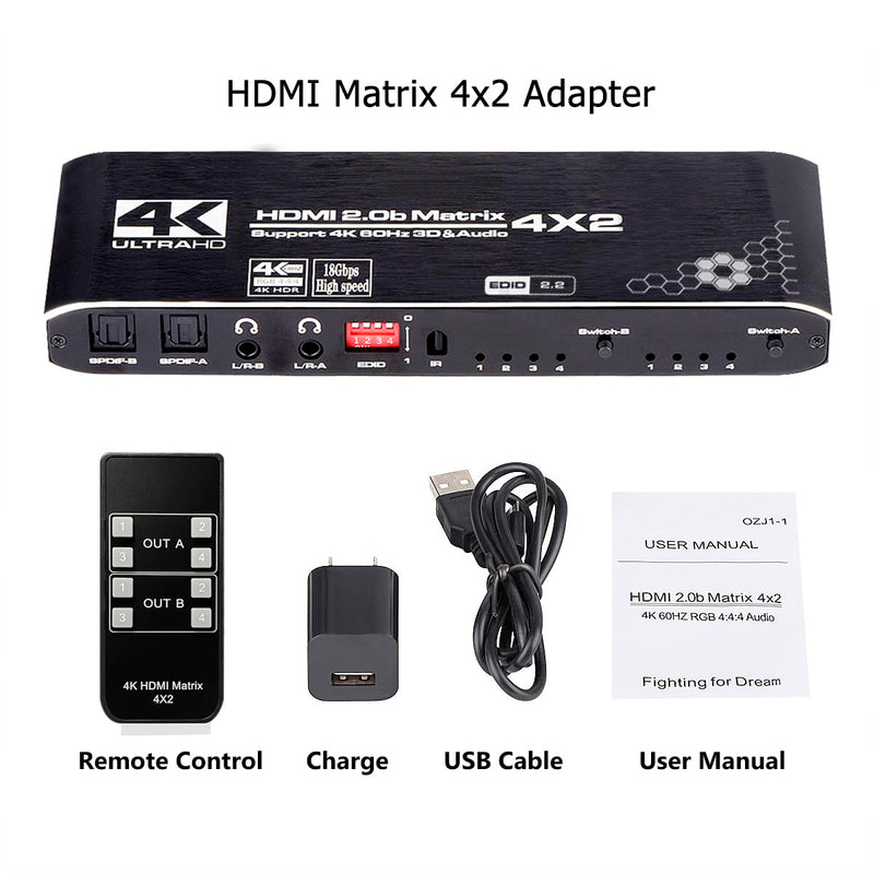 [AUSTRALIA] - HDMI Matrix Switch 4x2, 4K HDMI Matrix Switcher Splitter 4 in 2 Out Box with EDID Extractor and IR Remote Control Support 4K HDR, HDMI 2.0b, HDCP 2.2, 4K@60Hz, 3D, 1080P Black 