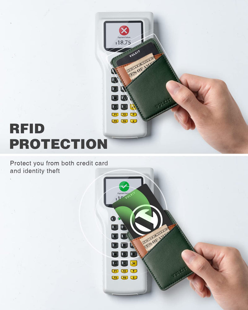 VULKIT Phone Card Holder Wallet Leather Adhesive Pocket RFID Blocking Credit Card Sleeves Stick Back of Phone Smartphones Green