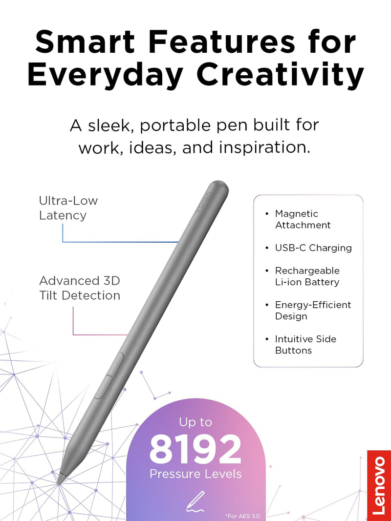 Lenovo Yoga Pen 2 with Magnetic Pen Case, AES 3.0 Stylus with 8192 Pressure Levels, USB C Rechargeable, Tilt Detection, Multi Protocol Support for Lenovo Yoga 2 in 1 PCs, Luna Grey