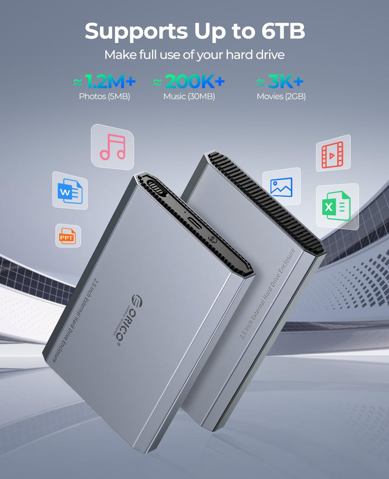 ORICO Aluminum USB C Hard Drive Enclosure for 2.5 Inch SATA SSD/HDD, USB 3.2 GEN 2 USB C to USB A/C 2 in 1 Cable, Support macOS Windows Linux OS, Compatible with SAMSUNG Crucial WD Drives(DD25-C3)