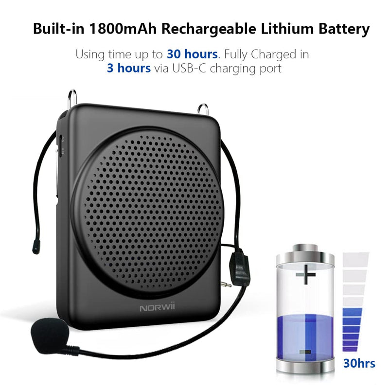 NORWII Mini Voice Amplifier, 3 Hours Quick Charging and up to 30 Hours Play, Portable Voice Amplifier for Teachers, Training, Tour Guide, etc (Black) Black