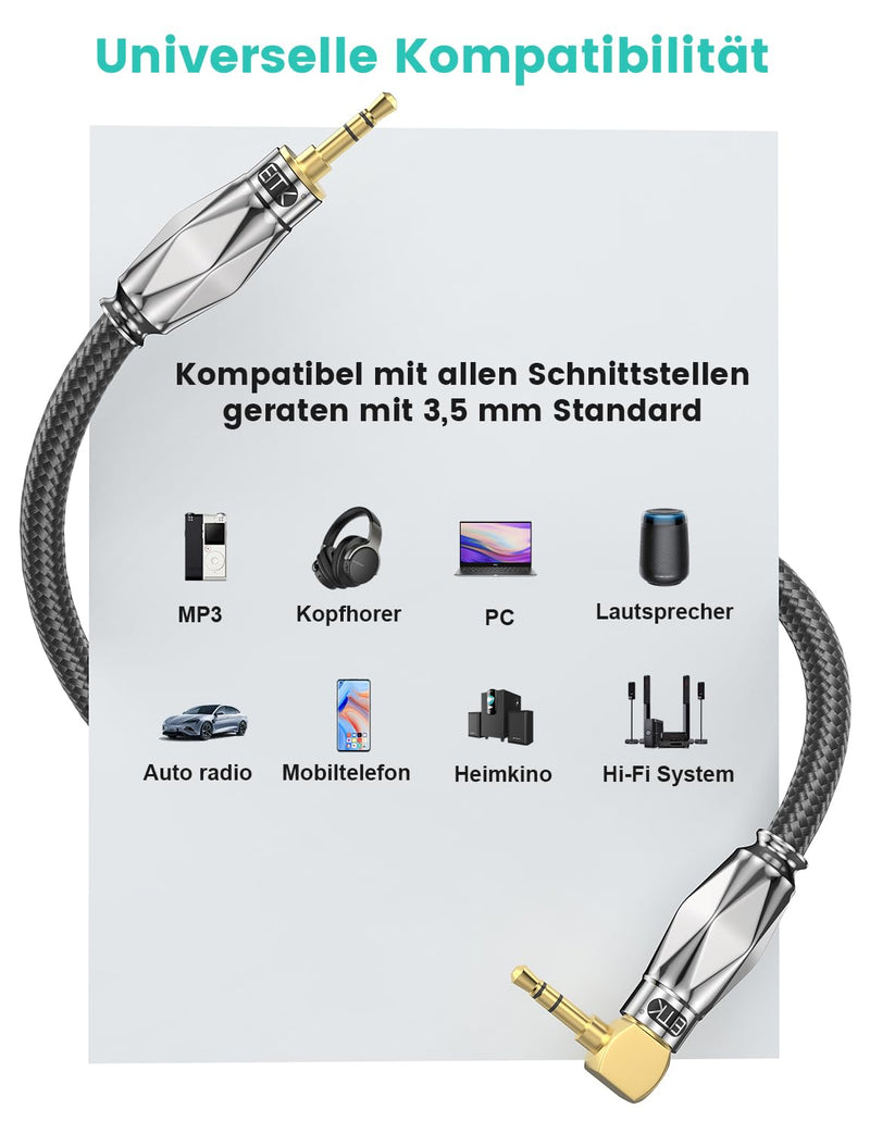 EMK Aux Cable for Car, 90 Degree Right Angle Auxiliary Cable Stereo Aux Jack to Jack Cord Compatible for Smartphones, MP3 Players, Laptops, Tablets, Bluetooth Speakers, Soundbars, and More(2M) Silver 6.6FT/2M-Silver