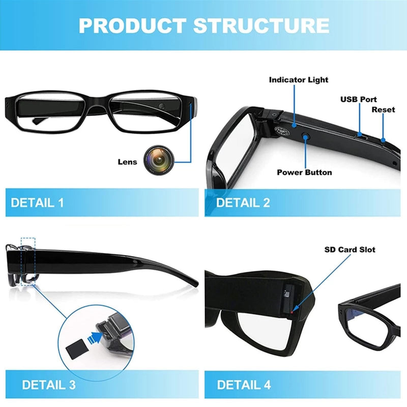 Camera Glasses, 1080p HD Video Recording, Intelligent Anti Shake, Wide Angle Lens, Wearable Eyeglass for Travel, Cycling, Driving and Other Outdoor Sports