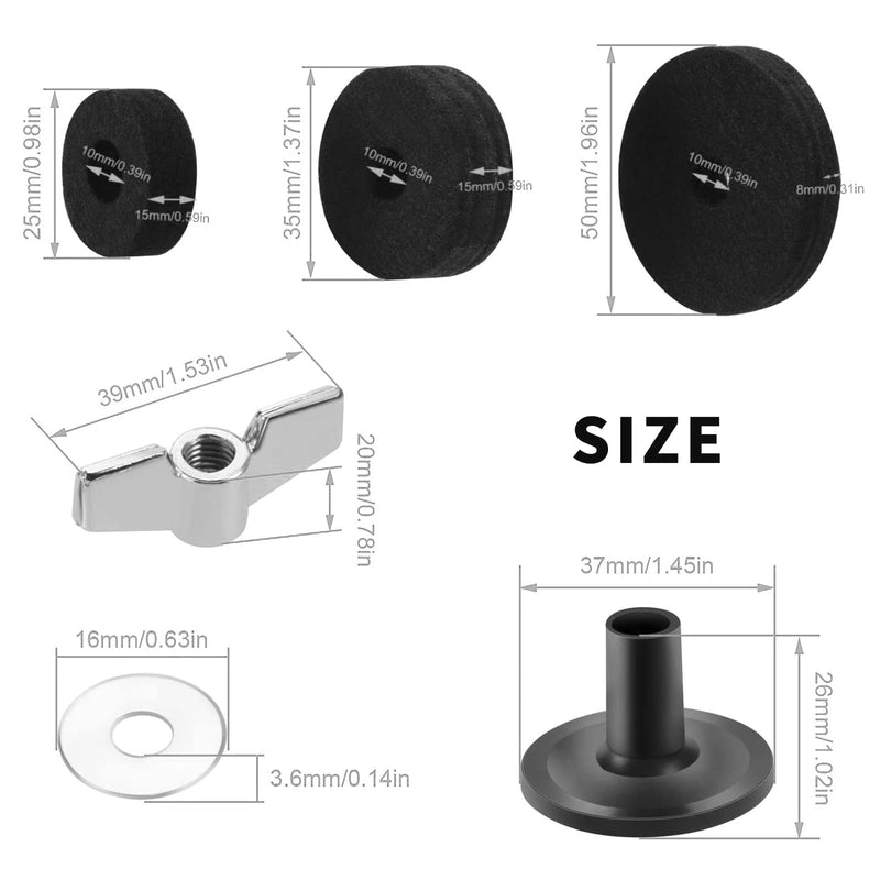 21 Pcs Cymbals Replacement Accessories Cymbal Stand Felts Hi-Hat Clutch Felt Cup with Sleeves, Base Wing Nuts and Washers for Drum Set Black