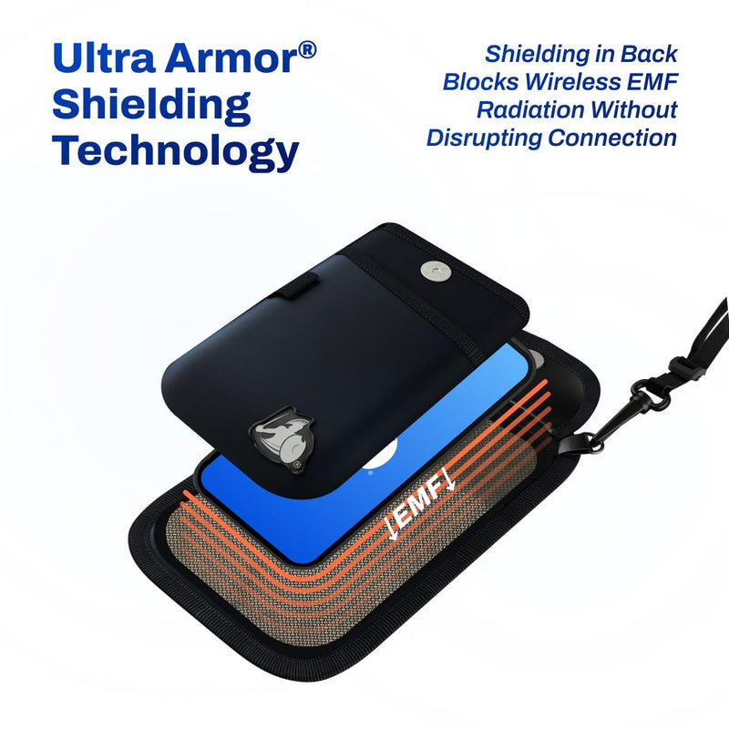 DefenderShield EMF Cell Phone Pouch with Extra Pocket (Black) | Lightweight Crossbody Pouch Case for Phones – EMF Shield for Cell Phone Wireless Signals Reduction