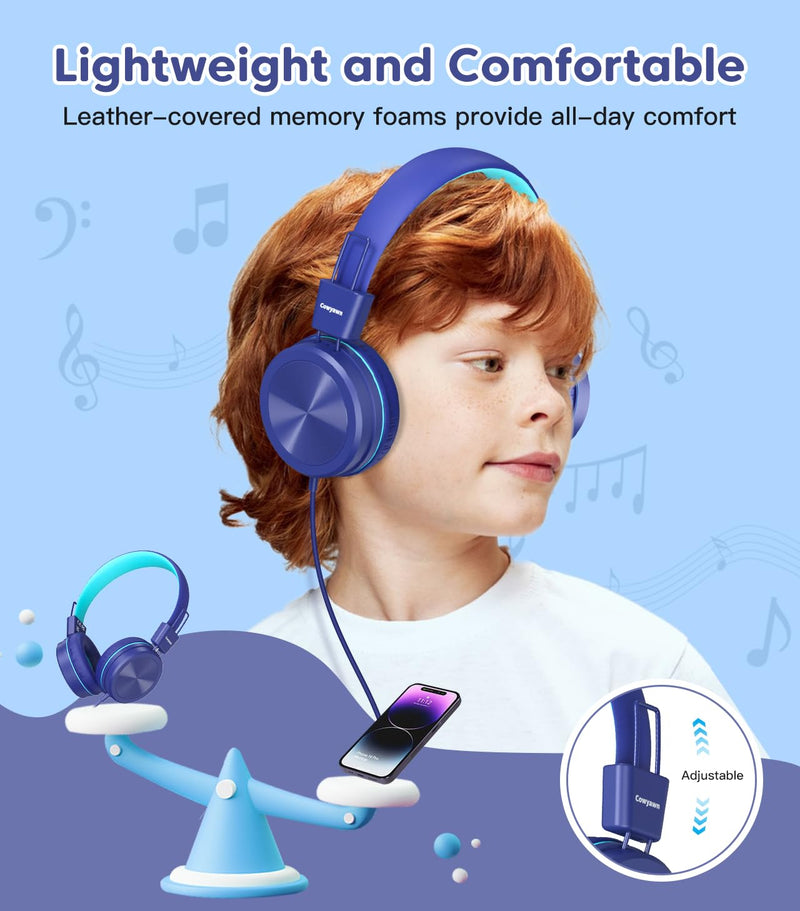 [AUSTRALIA] - Kids Headphones, Toddler Headphones with Safe Volume Limiter 94dB, Wired School Headphones for Kid, 3.5mm Adjustable On-Ear Headphones for Boys/Girls/Children/Teens/iPad/Computer, Dark Blue Plug 3.5mm 