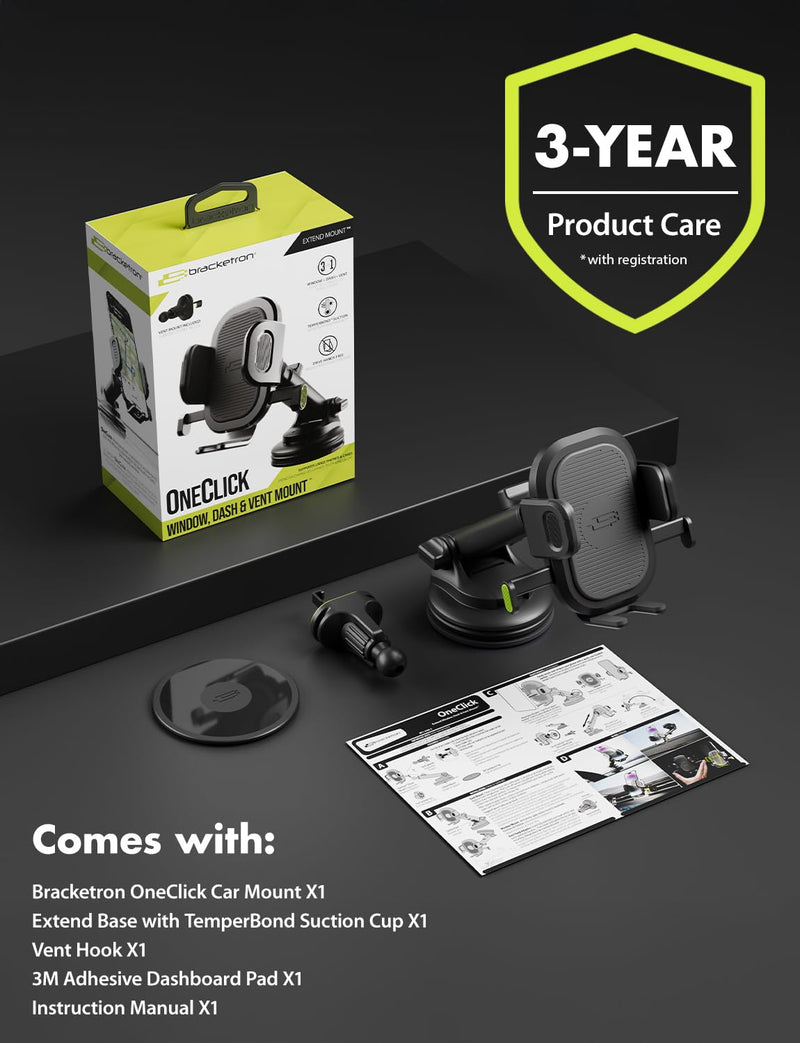 Bracketron Easy OneClick 3-in-1 Truck Phone Holder, Dash Vent & Windshield | Heavy-duty suction cup phone mount with 360° telescoping arm and hands-free clamp for trucks and vehicles Dashboard & Windshield & Air Vent