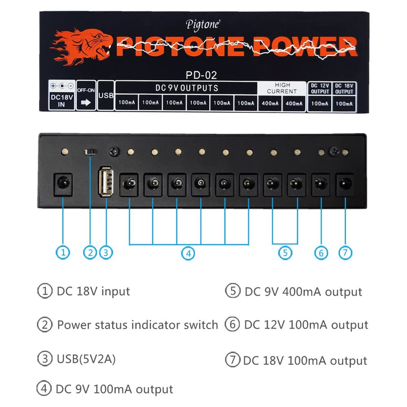 Guitar Power Supply 10 Isolated DC Output for 9V/12V/18V Effect Pedal PD-02 with USB (5V2A)