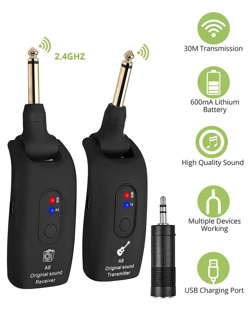 KeeKit 2.4GHz Wireless Guitar System, Rechargeable Audio Transmitter & Receiver with 6.35mm (1/4") Female to 3.5mm Male Adapter, Wireless Guitar Kit for Bass, Keyboard, Electric Organ