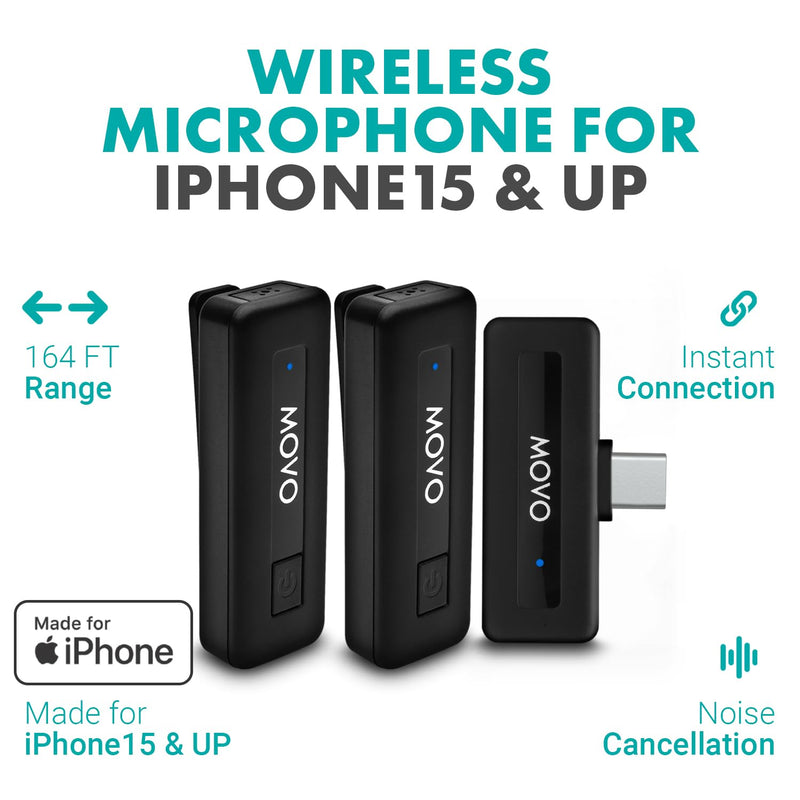 [AUSTRALIA] - Movo Mini USB-C Duo Wireless Microphone for iPhone 15/16/17 and up - Ultracompact Microphone for iPhone 15/16/17 with Clip on Wireless Lavalier Mic 2 Transmitters 