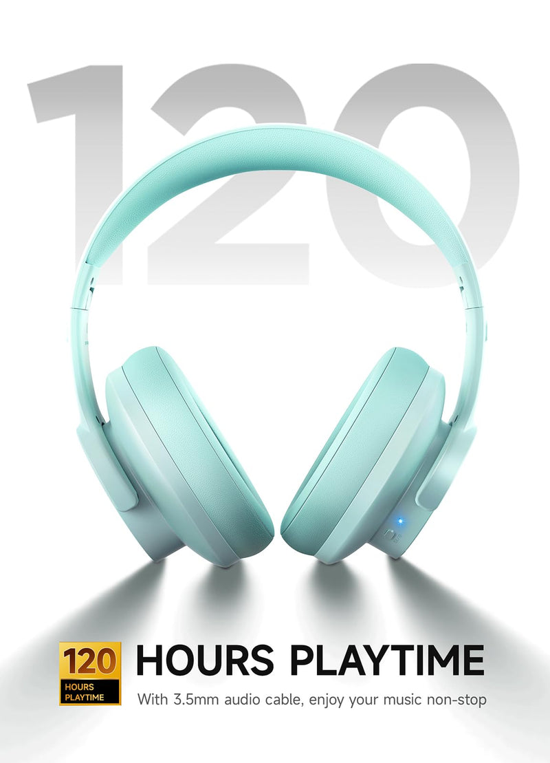 Picun B8 Bluetooth Headphones Over Ear, 120H Playtime Wireless Headphones with 3 EQ Modes Low Latency, Hands-Free Calls, Deep Bass Headphones for Travel Home Office Cellphone PC (Cyan) Cyan
