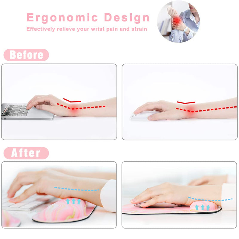 Memory Foam Ergonomic Keyboard Wrist Rest Pad and Mouse Wrist Rest Support Mouse Pad Set with Non-Slip Rubber Base Set for Office Gaming Easy Typing & Pain Relief-Pink Marble Pink Marble