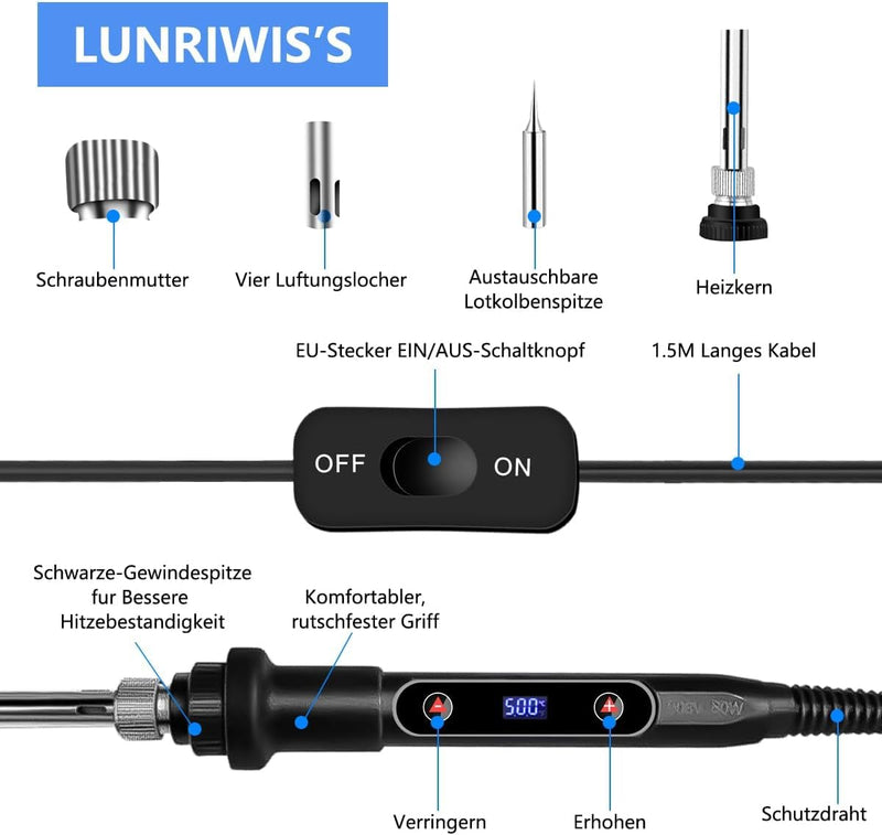 Lunriwis Soldering Iron Set, 80 W LCD, with Temperature Adjustable 180-500 °C Soldering Iron with On/Off, Soldering Tool with 5 Soldering Tips, 50 g Soldering Wires, Desoldering Pump, Soldering Iron
