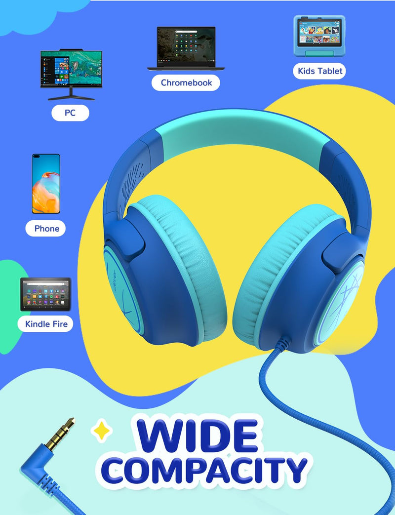 iClever Kids Headphones with Cord, 85dBA Safe Volume Wired Headphones for Kids, Stereo Sound Foldable Adjustable, 3.5mm Jack, Over Ear Kids Headphones for School/Boys/Girls/iPad/Tablet/Travel, Blue
