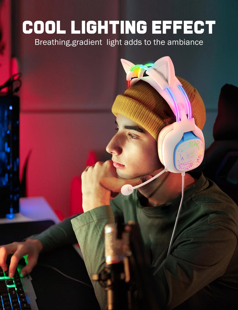 Gaming Headset with Microphone, RGB Lights, Detachable Cat Ear, Lightweight Over-Ear Headphones with Adjustable Headband for PC, PS4, PS5, Mac, Switch, Surround Sound, in-Line Control, White