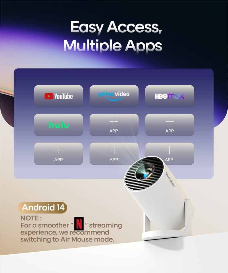 [AUSTRALIA] - Mini Projector with Wifi 6 and Bluetooth5.4, Portable Projector 4K Support, Android 14 Smart Proyector with 200ASIN & Auto Keystone, Alwtniet HY300Pro Small Proyector for Bedroom, Movie, Outdoor White 