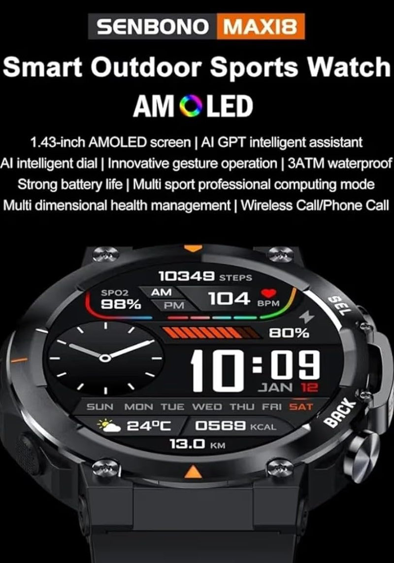 SENBONO MAX18 Sport Smart Watch, 1.43" AMOLED Display, IP67 Waterproof, Fitness Tracker with Heart Rate Monitor, Sleep Tracker, Android iOS Compatible, 400mAh Battery