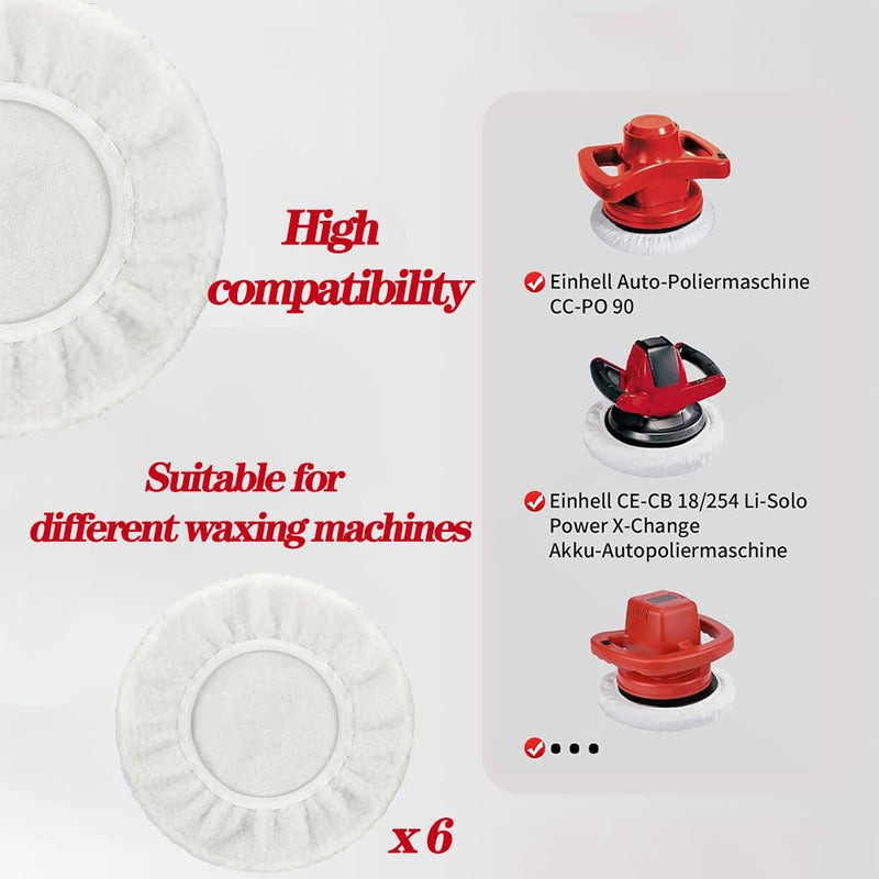behone Set of 6 Lambswool Polishing Hoods for Einhell Cordless Car Polisher CE-CB 18/254 Li, CC-PO 90, for 220-250 mm Polishing Machines, Perfect for Car Paint Care, Metal Polish, Sustainable Reusable
