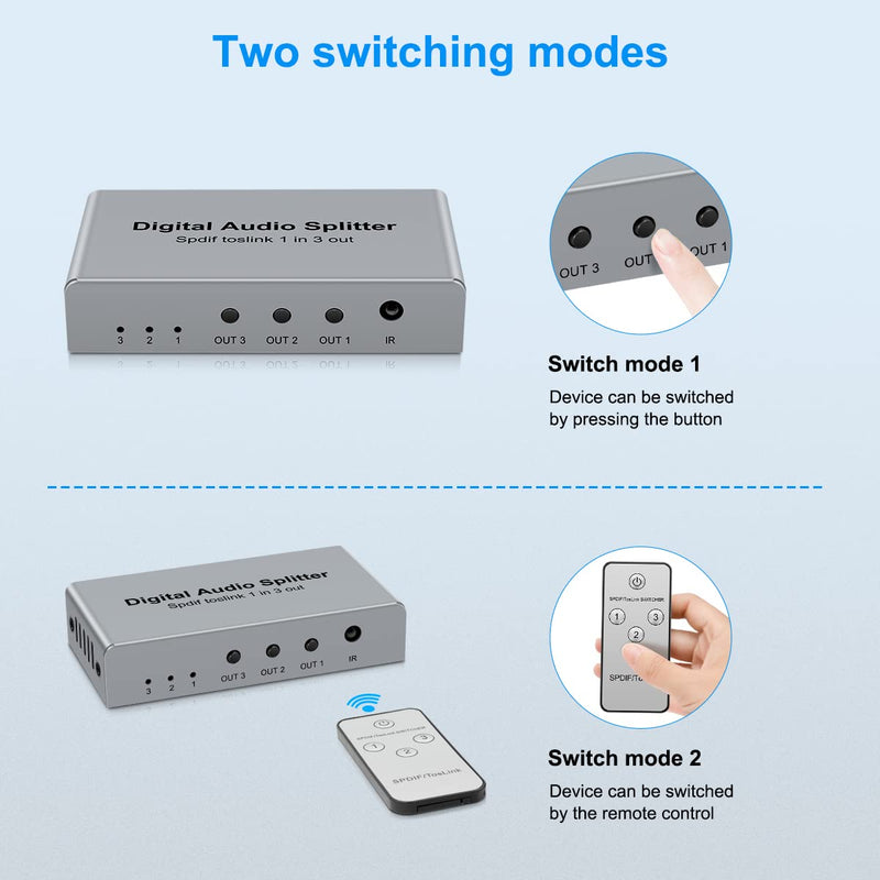 3 Port SPDIF Toslink Fiber Audio Splitter, Digital Optical Splitter 1x3(1 in 3 Out) with Optical Cable for TV, Support Dolby Digital DTS 5.1 PCM Stereo LPCM 96KHZ