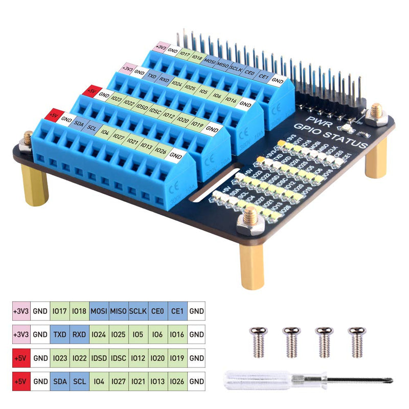 GeeekPi Raspberry Pi GPIO Screw Terminal Block Breakout Board HAT with GPIO Status LED, Raspberry Pi GPIO Expansion Board Breakout Module for Raspberry Pi 4B/3B+/3B/2B/B+/Pi Zero W/Pi Zero 2 W