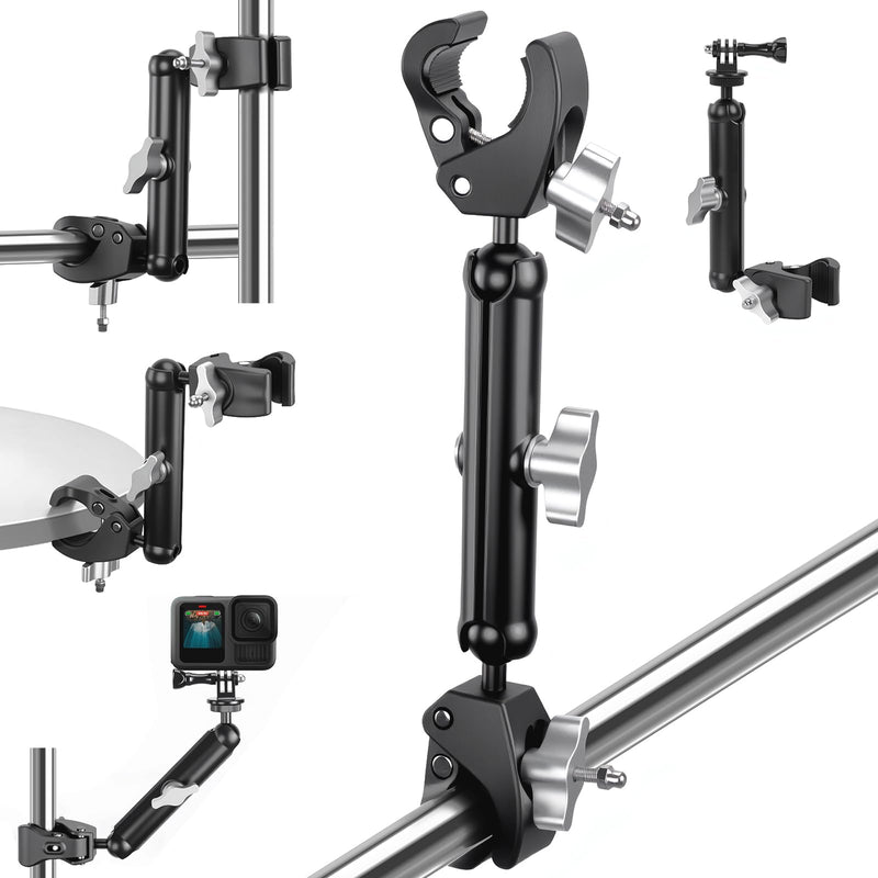 Double Super Clamp Camera/Umbrella Mount,360° Magic Long Arm Pole Clamp,Double Ball Head Adapter for Photo Studio Light Stand,Gopro,Golf Carts,Motorcycle,Cross Bars,Strollers (Black) Black