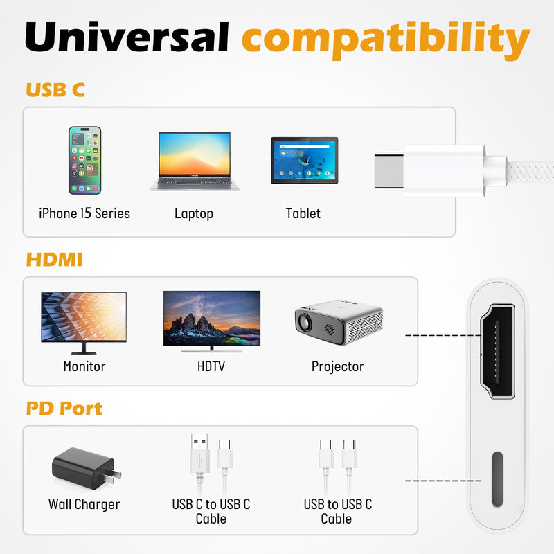 [MFi Certified] USB C to HDMI Adapter for iPhone 15 to TV,4K Sync Screen Connector Cable Digital AV Adapter with 100W Fast Charge Compatible for iPhone 15 to HDTV Projector Moniter
