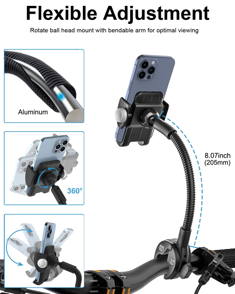 Gooseneck Phone Holder for Wheelchair, Stroller, Golf Cart, Boat, Mic Stand, Indoor Cycling Bike, Gym Bicycle Handlebar Clamp for iPhone Air 17 Pro Max 16 15 14 13 12 Plus, S25, 4.7 to 7" Smartphones