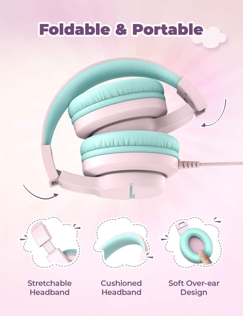iClever HS19 Kids Headphones with Microphone for School, Volume Limiter 85/94dB, Over-Ear Girls Boys Headphones for Kids with Shareport, Foldable Wired Headphones for iPad/Travel (Pink) Pink M