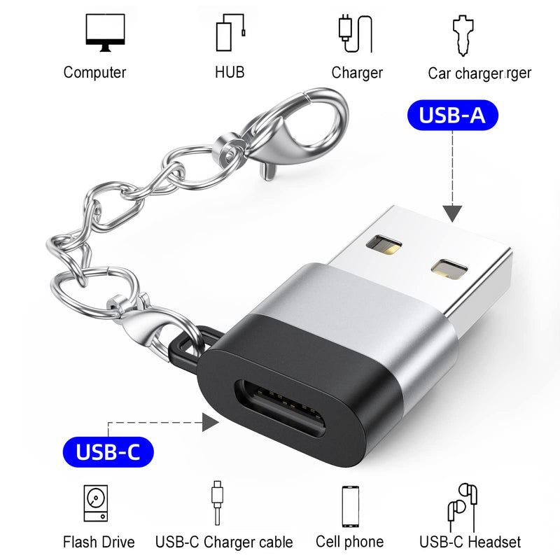 USB C Female to USB Male Adapter 2 Pack, USB A Male to USB C Female Cable Converter with Keychain, USBC Type C Connector Charge & Data Sync for Laptop Car Charger Headphone Computer Hub etc. Silver+Black