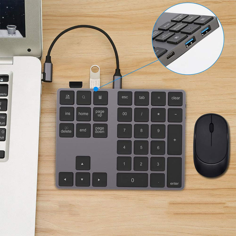 Wired/Bluetooth Numeric Keypad, Portable Wireless Bluetooth 34-Key External Number Pad with 2 USB 3.0 Interface for Computer Laptop Windows, OS, Android(Black) Black