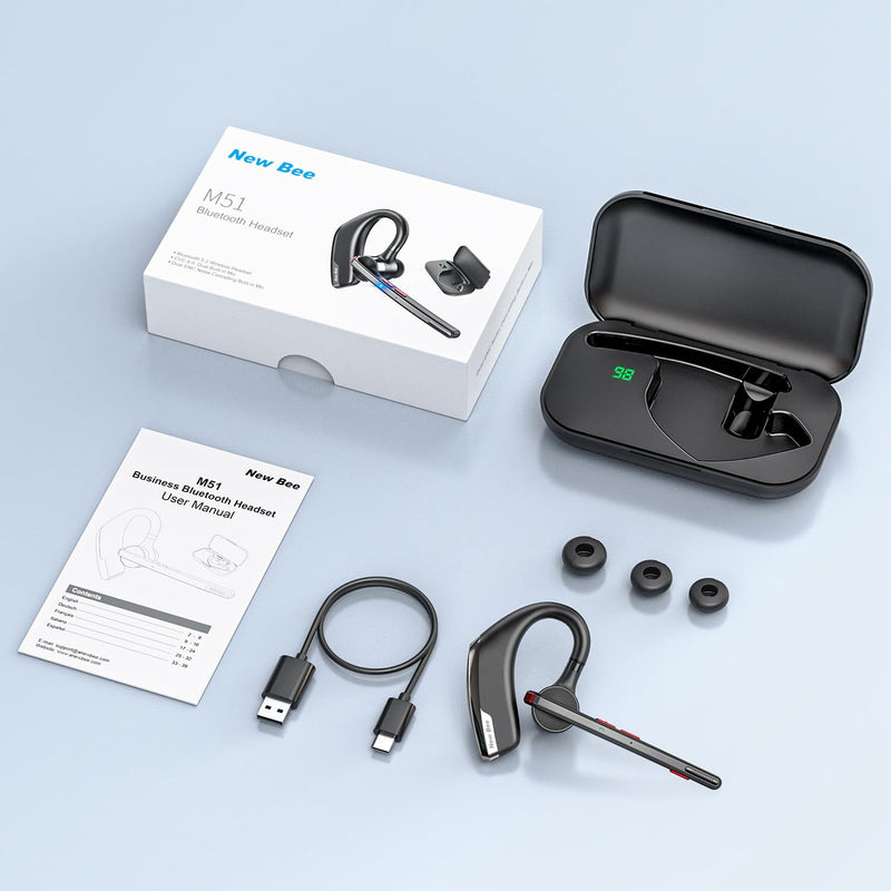 New bee Bluetooth Headset, Wireless Bluetooth Earpiece for Cellphone with 500mah Charging Case 80h Playtime V5.2 Dual Mic Noise Cancelling Hands-Free Earphones for Office Driver Black