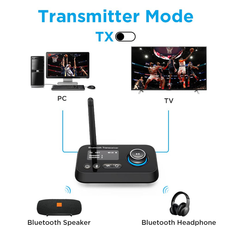 Bluetooth Transmitter Receiver 3-in-1 Bluetooth 5.0 Audio Adapter for 2 Headphones With Bypass Volume Control Low Latency Long Range LCD Display ON/OFF Optical AUX RCA for TV Home Stereo Speaker Type A