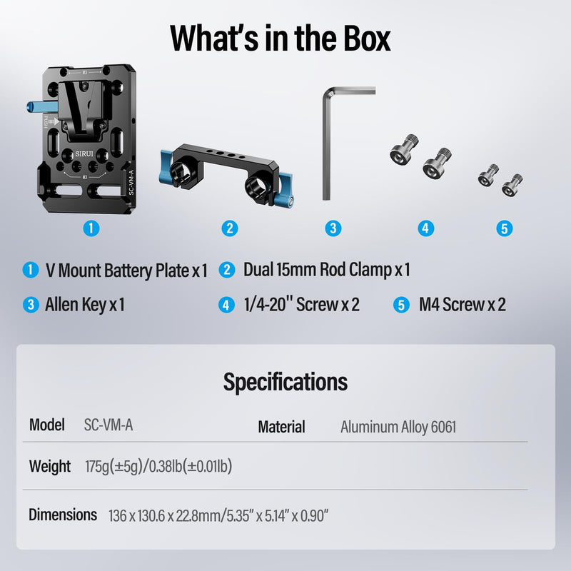 Sirui V Mount Battery Plate with Dual 15mm Rod Clamps, V Lock Mount Battery Baseplate Adapter for Camera Power Supply, SC-VM-A