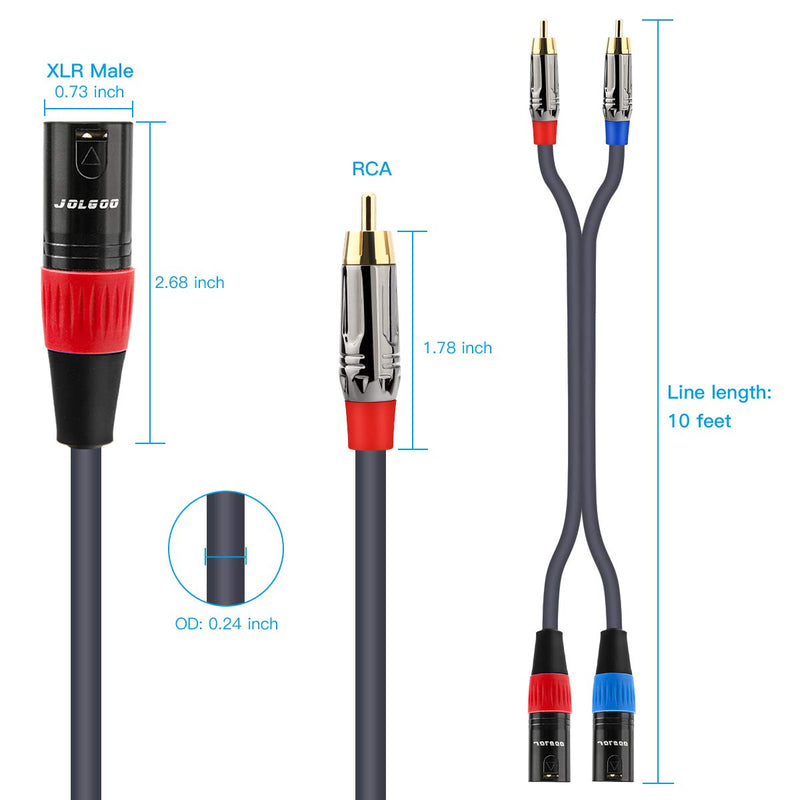 RCA to XLR Cable - Dual RCA/XLR Male HiFi Audio Cable, 10 Feet, 4N OFC Wire, for Amplifier, Mixer, Microphone Dual RCA Male to Dual XLR Male