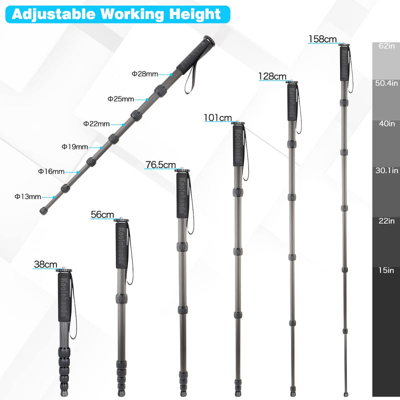 Koolehaoda 62" Camera Monopod 6 Section Compact Carbon Fiber Unipod | Extendable Photography Monopod with Phone Holder for DSLR Mirrorless Cameras Video Camcorder Max Load 10kg/22lbs Carbon Fiber Monopod