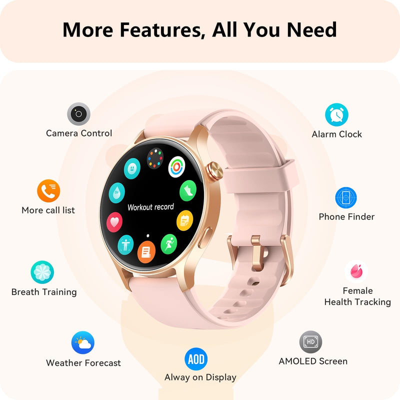 Smart Watch for Women, Answer/Make Call, 1.32'' AMOLED Ultra-Clear Screen | Fitness Tracker with Heart Rate/Sleep/SpO2 Monitor, Smartwatch for iPhone/Samsung/Android, 110+ Sport Modes, 3ATM Waterproof Rose Gold S/M/L