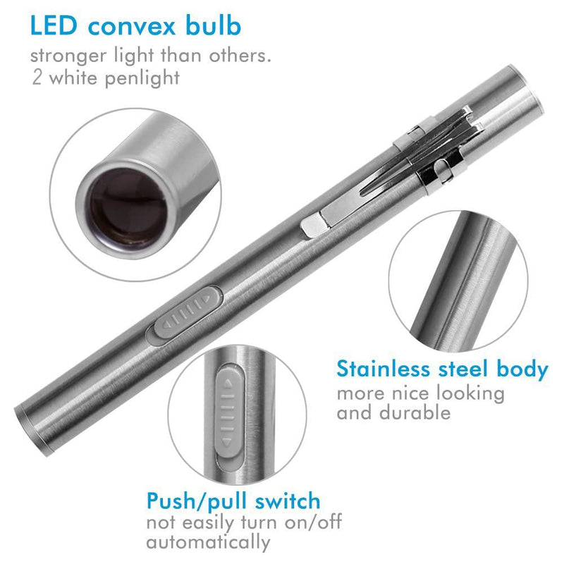 LEAGY Pen Lights for Nurses USB Rechargeable Nursing Penlight Flashlights 2 Pack White Light for Medical Students Doctors Stainless Steel Body Pack of 2 White Light