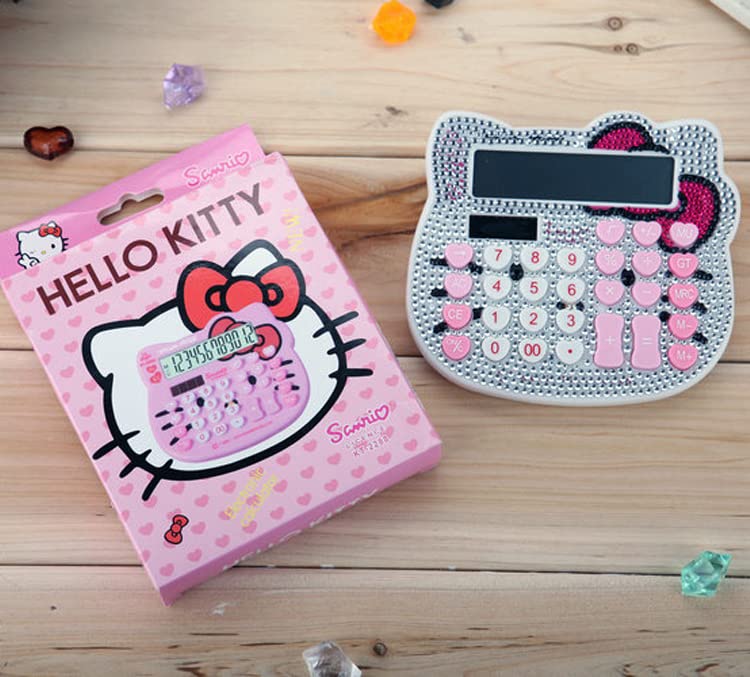 Hello Kitty Calculator, Xinyu Lighting Creative and Cute Solar Calculator, 12-Digit LCD Display, Suitable for Adults and Children, Solar and Battery Powered (White Jewel Model) White Jewel Model